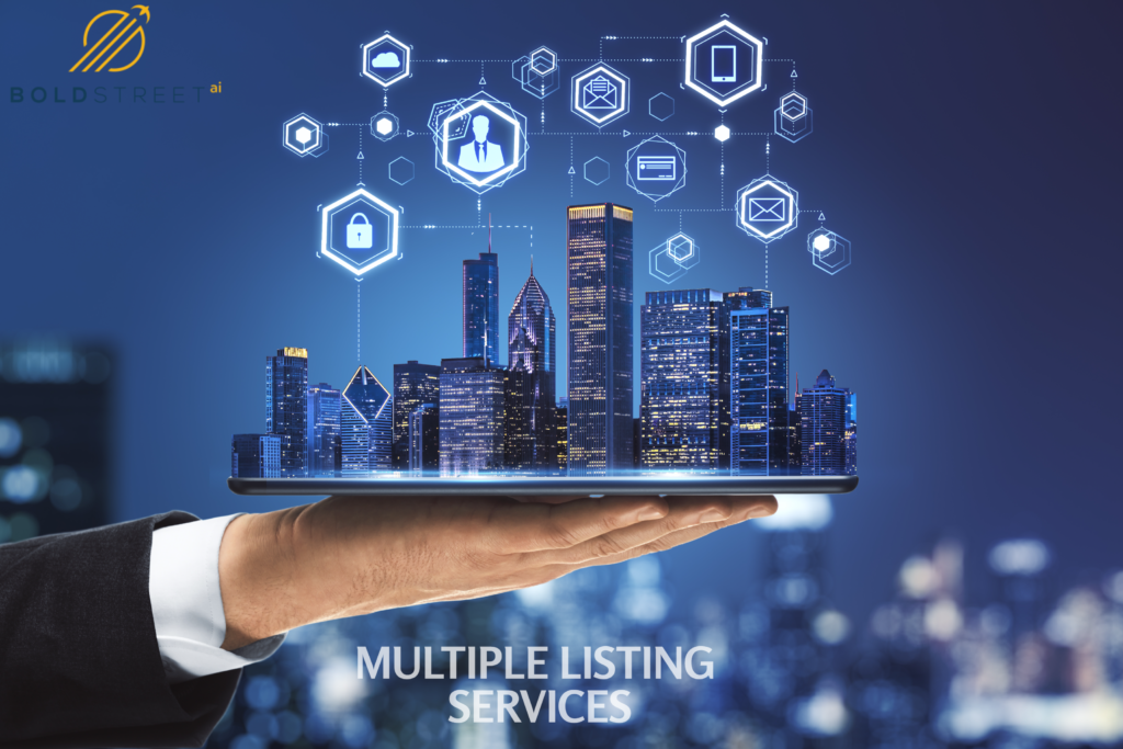 Businessman holding a picture of "City" with Multiple Listing Services overlay.